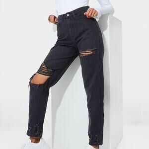 PRETTYLITTLETHING Washed Black Open Knee Ripped Hem Mom Jeans Sz 4